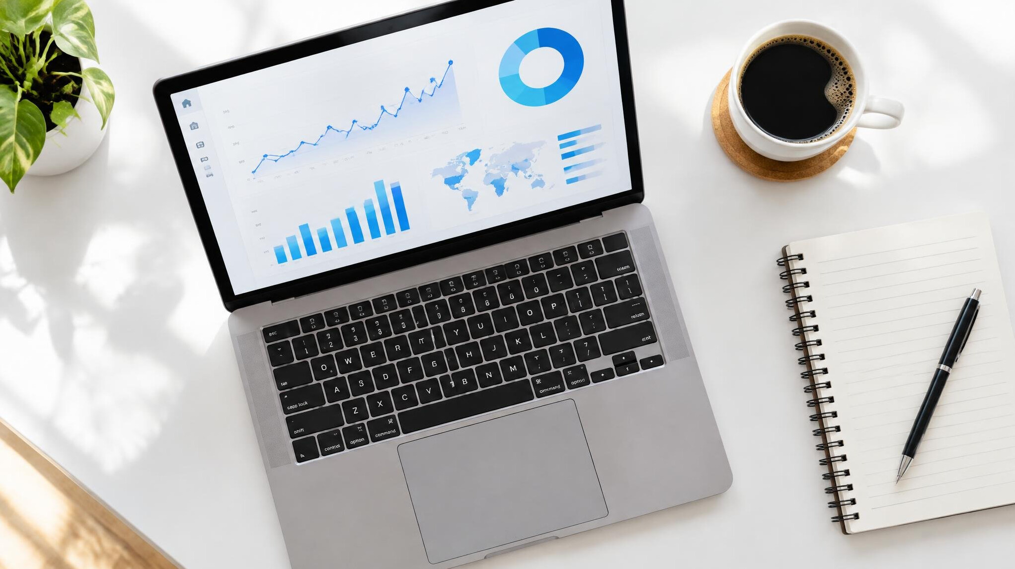 Laptop with analytics charts next to a notebook